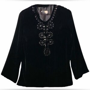 New Talbots Black Velvet Beaded Studded Top 14P Whimsigoth Witchy Fairy